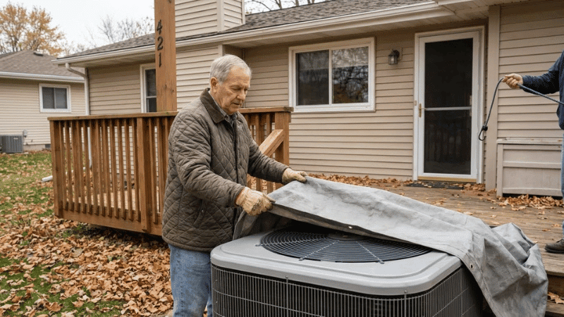 An older homeowner carefully placing a protective cover over an outdoor air conditioning unit to prepare it for winter.