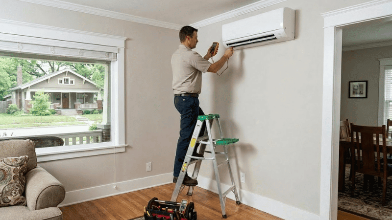 An HVAC technician testing a ductless mini split air conditioner mounted on a living room wall during installation.