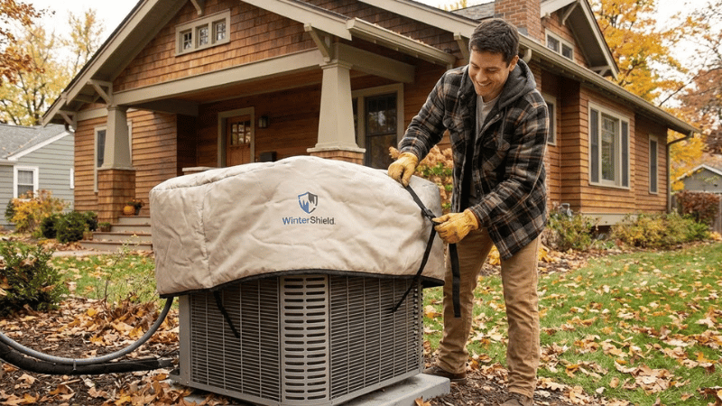 A homeowner securing a winter cover on an outdoor AC unit in front of a residential house during fall.