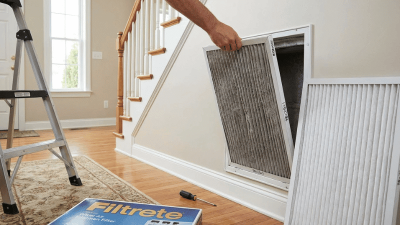 A homeowner replacing a wall-mounted HVAC air filter inside a residential hallway to improve indoor air quality.