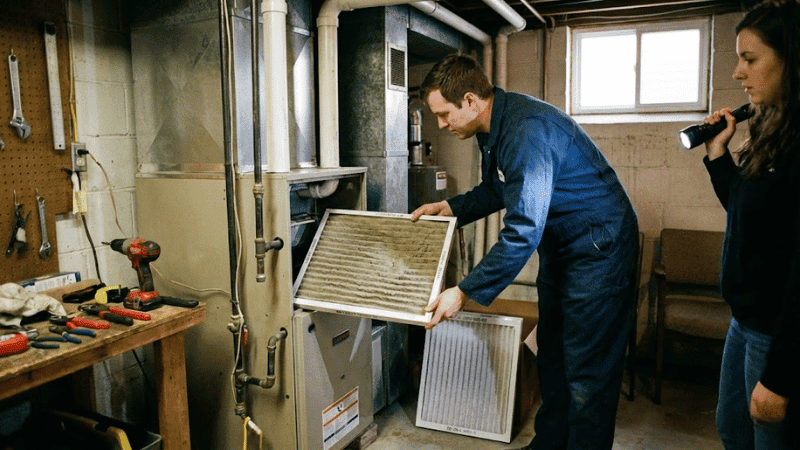 HVAC professional replacing a furnace air filter during routine maintenance to keep the heating system running efficiently.
