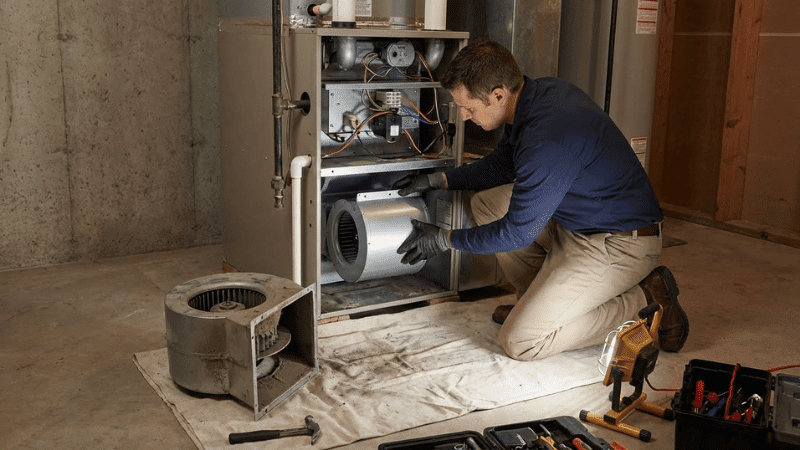 HVAC professional replacing a furnace blower fan during heating system repair to restore proper performance.