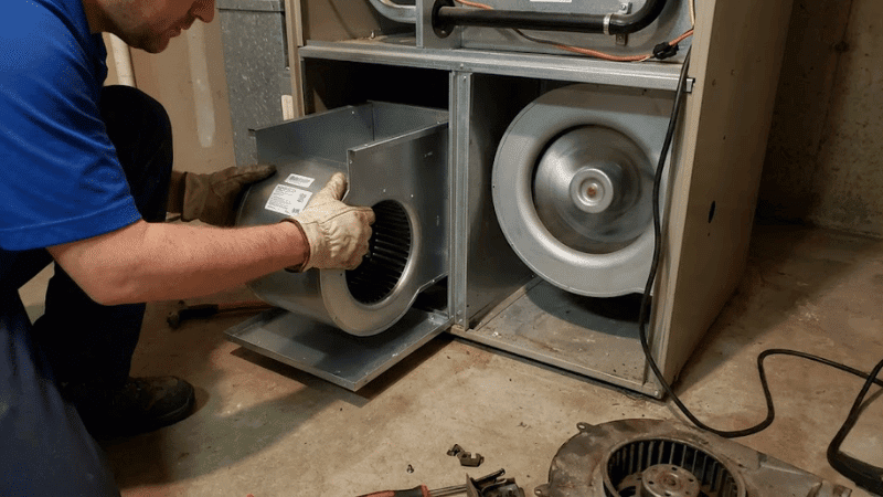 HVAC technician inspecting and testing a furnace blower fan inside an open unit to diagnose airflow or noise issues.