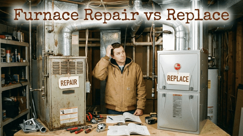 HVAC professional evaluating whether to repair or replace a furnace by comparing system condition, age, and performance issues.